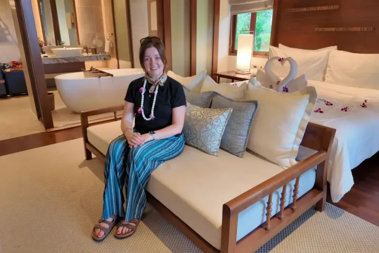 Pimalai resort and spa Koh Lanta Thailand Chelsea sitting on the bed