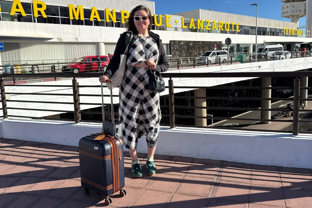 Chelsea with her hand luggage outside Lanzarote airport