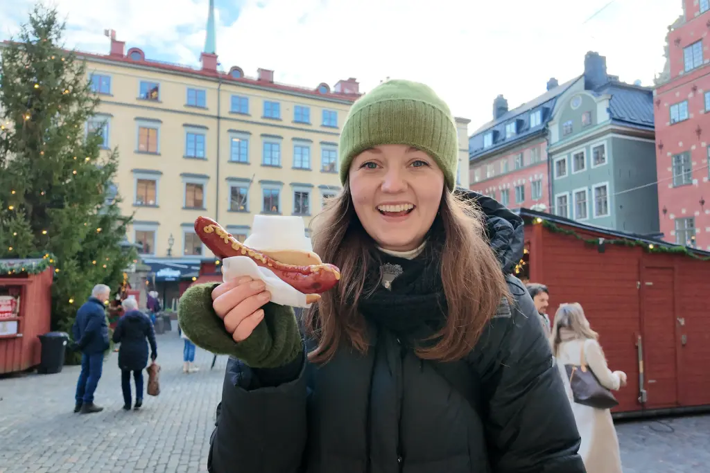 Chelsea with bratwurst Stockhom Christmas Market