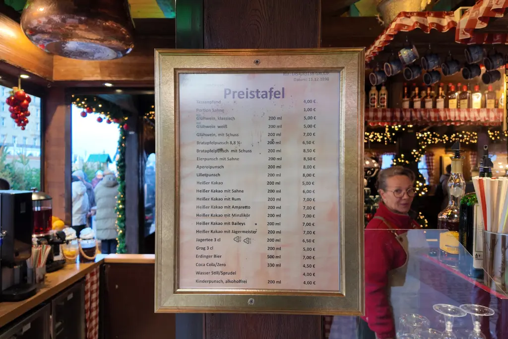Drinks price list at Hamburg Christmas Market