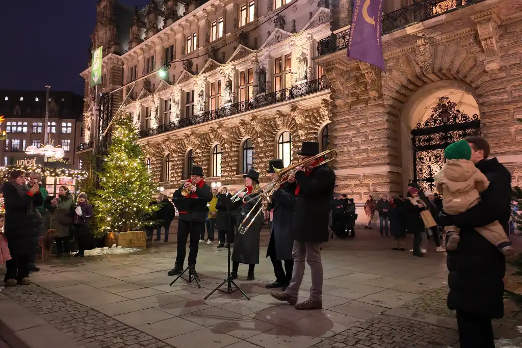 brass band playing at town hall at hamburg christmas market