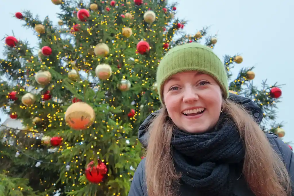 Chelsea with Christmas tree at Vilnius Christmas Market