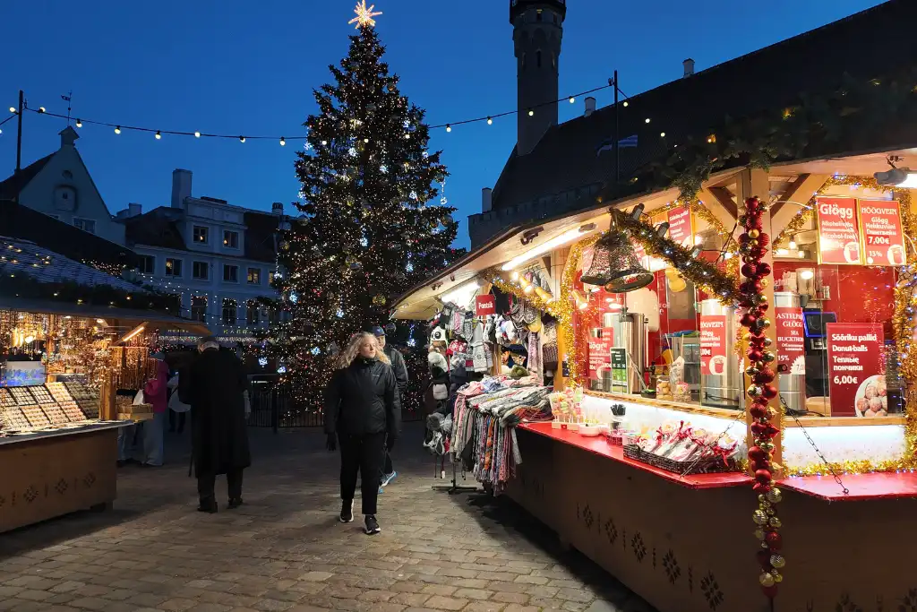 Christmas stalls in the evening at Tallinn Christmas Market