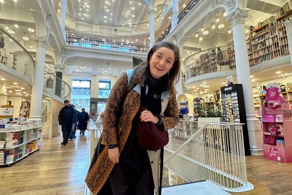 Chelsea in a bookshop in Bucharest Romania
