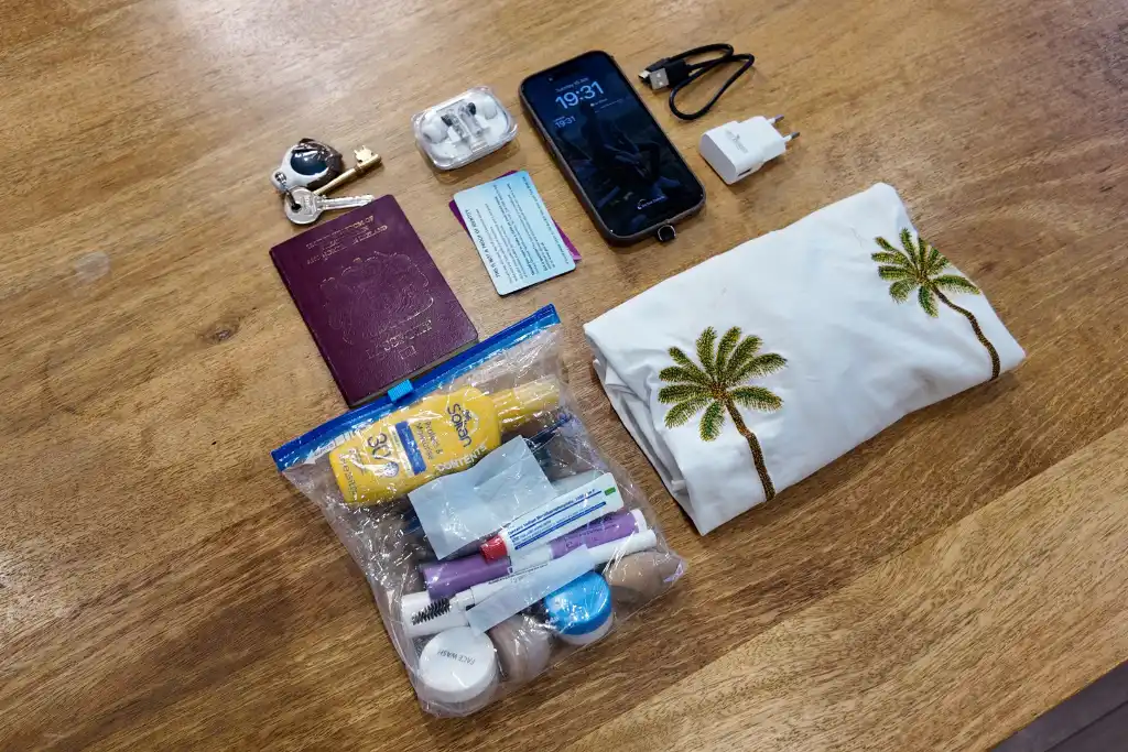 flat lay of what chelsea fit in her mini uniqlo bag packing hack
