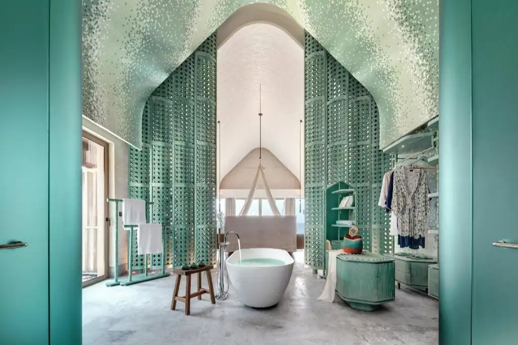 Joali Being Ra Atoll Maldives grand beach pool villa bathroom Craig David