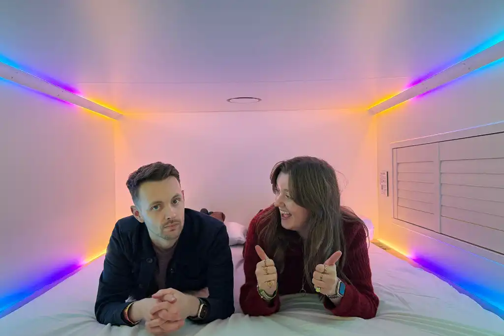 Chelsea and James in a pod at CityHub Reykjavik Iceland