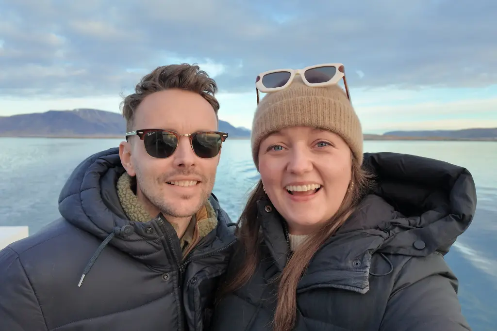 Chelsea and James whale watching in Reykjavik Iceland