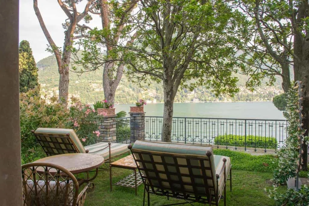 Gardens and lake at Passalacqua Hotel Moltrasio Lake Como