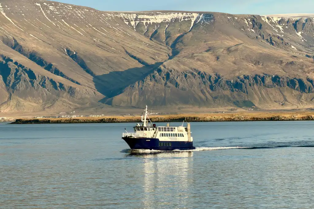 Whale watching boat on the sea in Reykjavik Iceland
