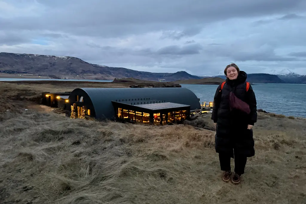Chelsea outside Havammsvik hot springs Reykjavik Iceland