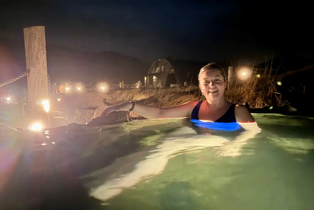 Chelsea at Havammsvik hot springs Reykjavik Iceland