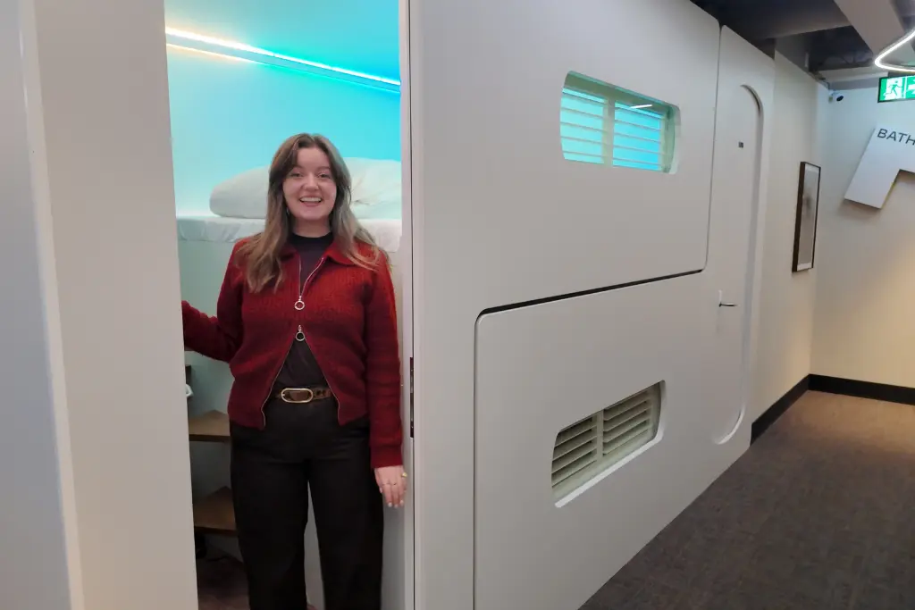 Chelsea just inside the pod at CityHub Reykjavik Iceland