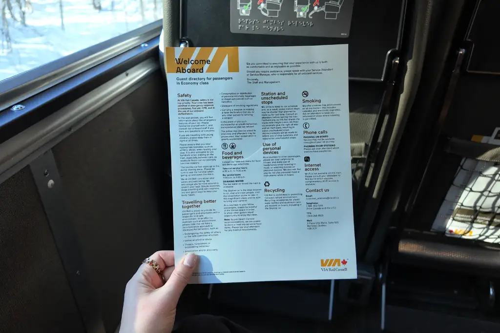 Food menu in Economy class on board The Canadian
