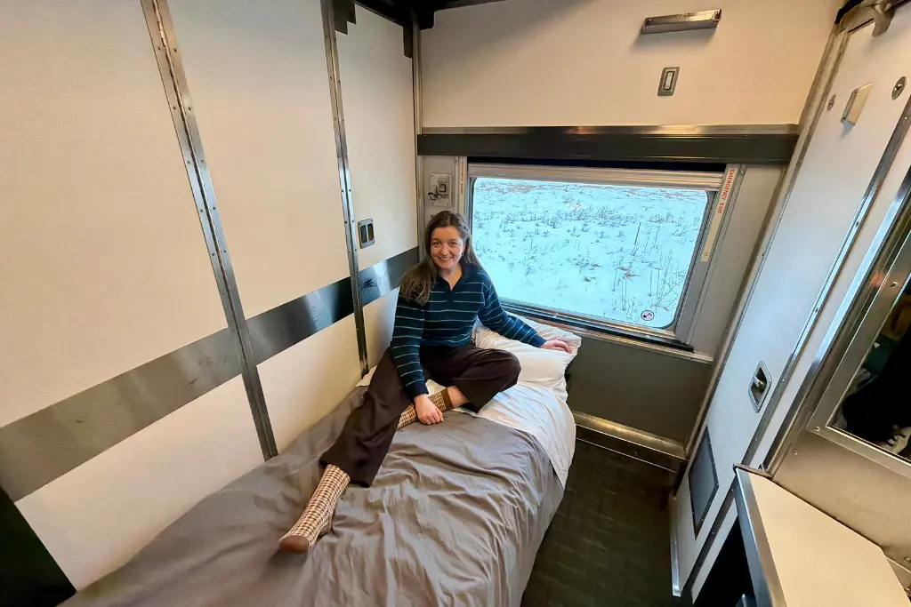 Chelsea in the cabin Sleeper Plus on board The Canadian