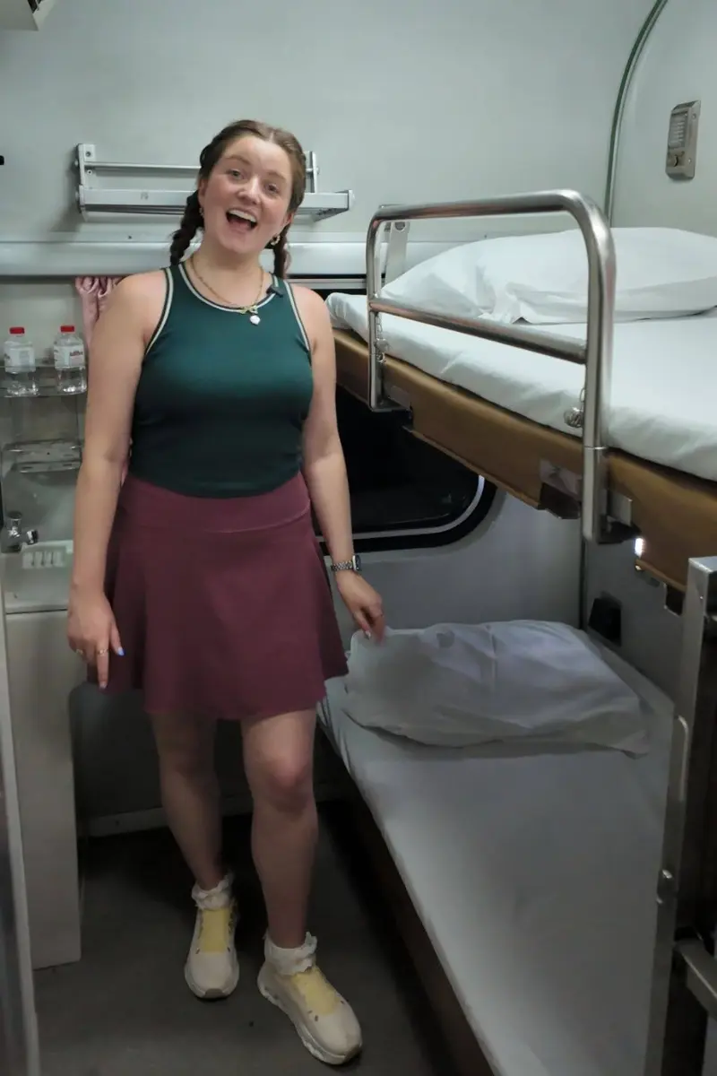 Chelsea in the first class cabin on the Bangkok Surat Thani sleeper train