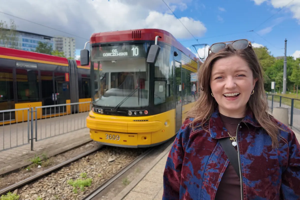 Chelsea with the tram in warsaw poland